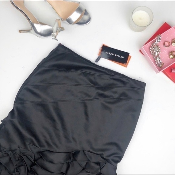 Karen Millen Black Ruffle Satin Cocktail Size 6 - Picture 1 of 6